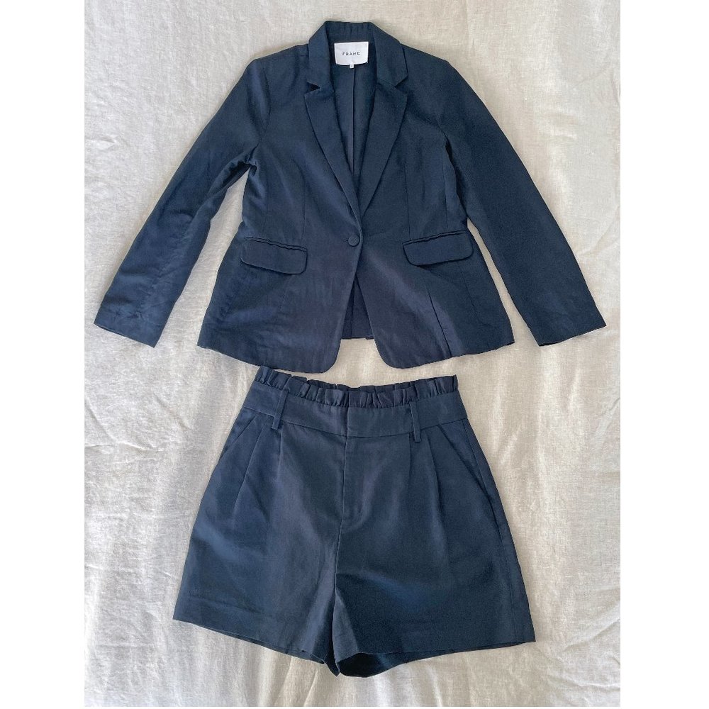 Frame | Blazer and Shorts Set Linen Blend Dark Navy | Size 6 Blazer / 4 Shorts